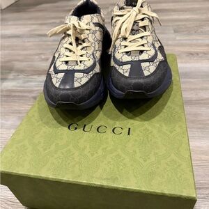 Gucci Navy and Beige Monogram Sneakers